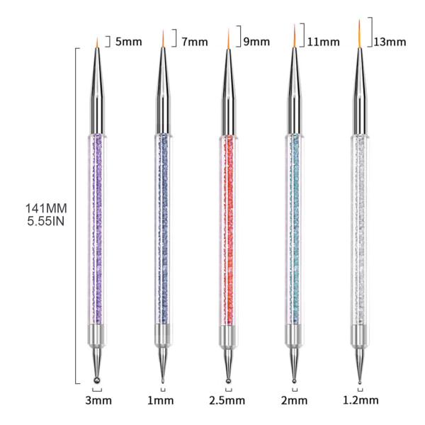 5 st Dubbeländade Nail Art Liner-borstar, UV-gelmålning Nail Design Penselpenna, Nail Dotting Pen Brush Kit Nail Art Tool