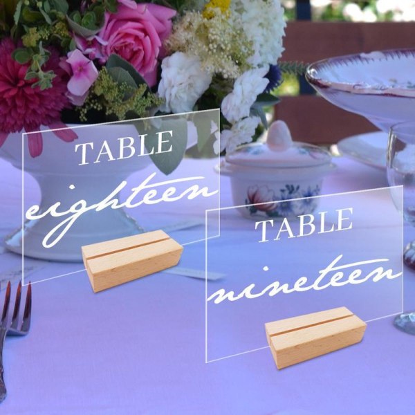 Akryl bordsskylthållare med träbas Klar bröllopsbordsskylt nummer bordskort displayställ för restauranghotell null - BT054