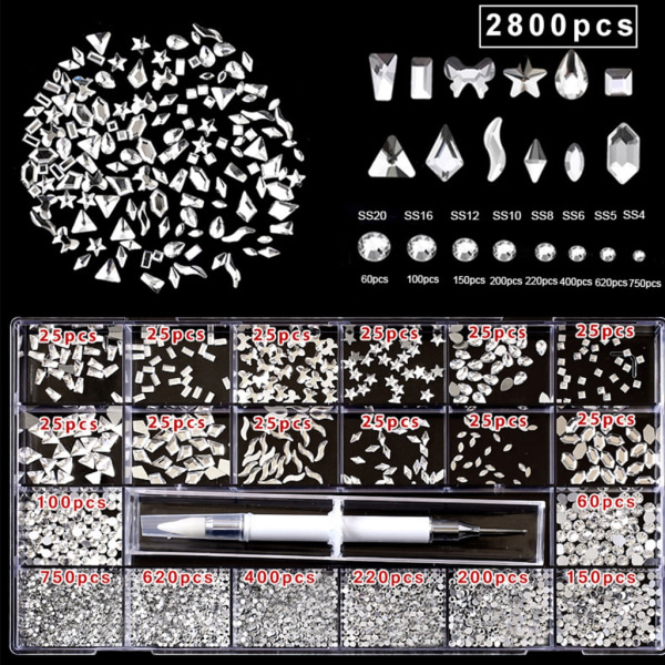 Nail Art Rhinestones Kit Multi Shapes Glass Crystal AB Nail Stones Nail Jewels Flatback Nail Gems Strass för w/ Wax 14