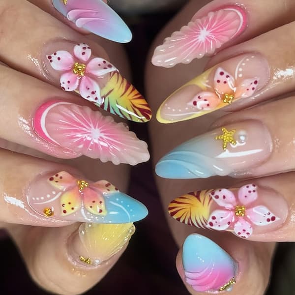 ABS Press On Negle 24 Stykker Fransk Tip Blomster Gradient Design til Ferie