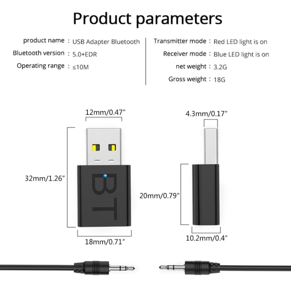 2 i 1 trådlös Bluetooth-kompatibel 5.0-mottagareadapter USB Bluetooth-kompatibel sändare Stereo Audio Hörlurar