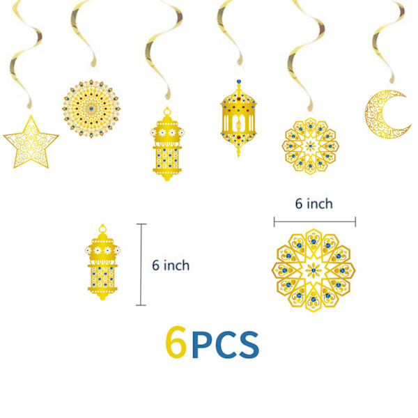 Eid Mubarak spiral hängande prydnadsföremål 6 st guld swirl för banner hänge