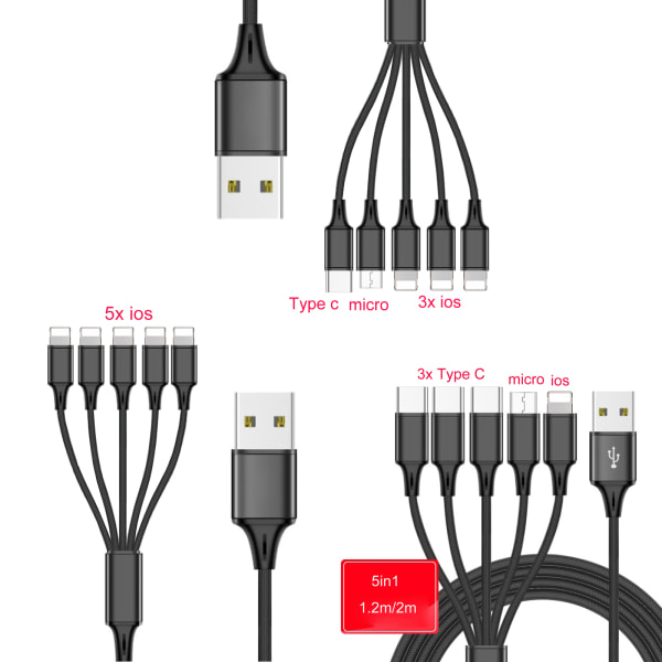 Multi laddningskabel USB splitterkabel 5 i 1 snabbladdningssladd med Type-C MicroUSB hanport för telefoner surfplattor 3ios1micro1typec 2m