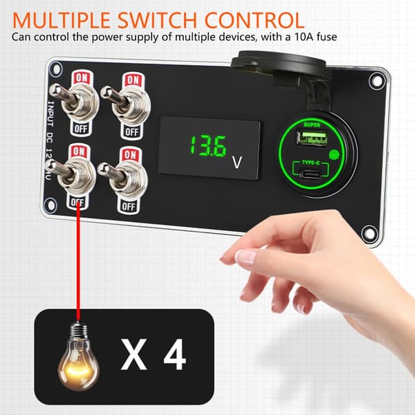 Vanntett Marine Telefonlading Med 4 Vippebrytere Voltmeter For Auto Båt Red light