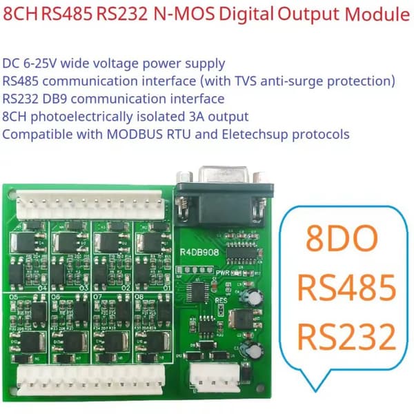 2 i 1 RS485 RS232 DB9 8DO Modul Rtu 3A NPN Mos Optokobler Isolasjon