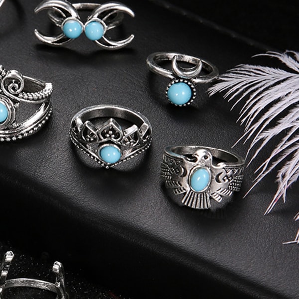 11st Kvinnor Ringar Set Naturlig Blå Ädelsten Fire Opal Diamantring Mode Finger Ring Smycken Present för Kvinnor Flickor