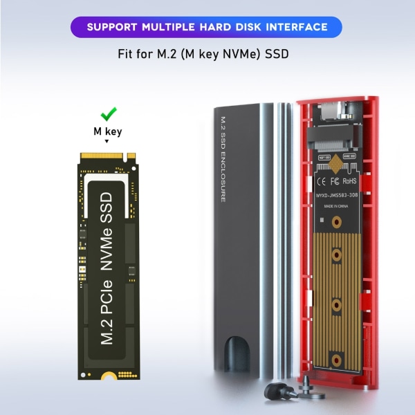 M2 NVMe SSD-låda verktygsfritt case- Type-C 3.1 Gen2 till NVMe PCIe externt hölje för M2 NVME-hårddisk null - With CC line