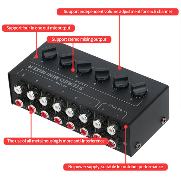 CX600 Mini Stereo 6-kanals Passiv Mixer Flerkanalsmixer Liten och sofistikerad Audio Stereo Mixer förstärkningsjustering