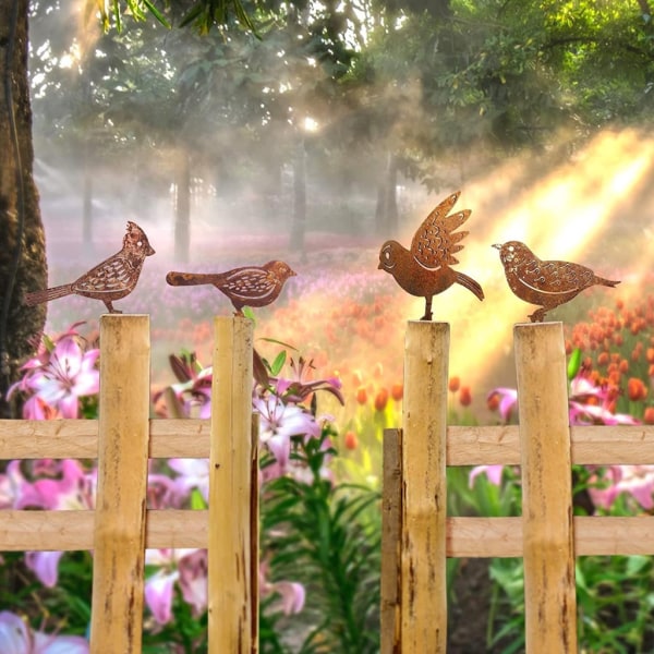 4-pack rostig metall fågel silhuetter Trädgård staket dekor lantgård konst trädgårdsskötsel dekoration Fågel statyer Fågel statyett