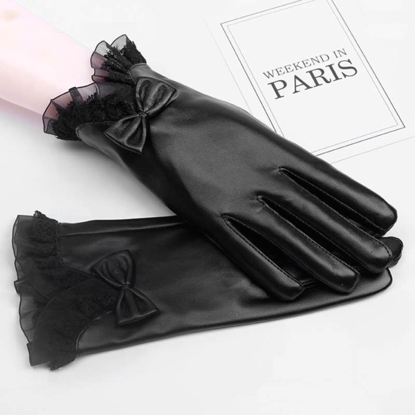 Elegant Lady Glove Spets Bowknot Vinter Varm Kvinnor Faux Läder Full Finger Skid Handskar Varma Körning Motorcykel Handskar