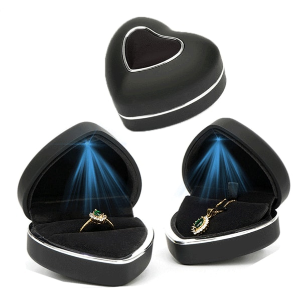 Hjärtformad LED-ljus Bröllopsring Box Förlovningsringar Halsband Smycken för Ca Black