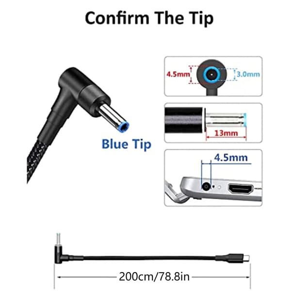 Laptop Strømforsyningskabel USB C til DC4.5x3.0mm Adapter Hurtigladekabel
