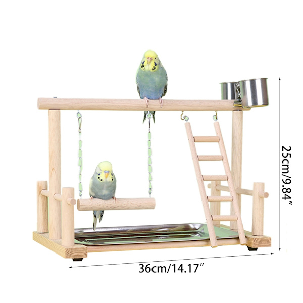 Fågel Abborre Trä Stativ Leksak Papegojor Lekställ för parakiter Cockatiel Conure med matningskoppar Stege Gungleksak
