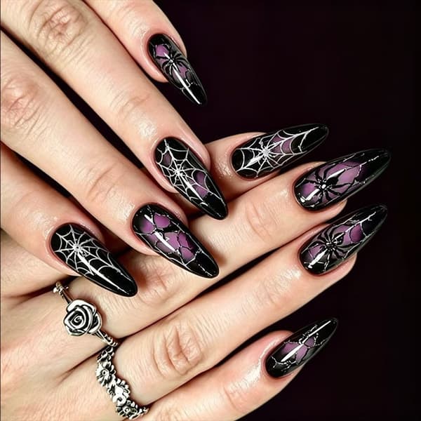 Lang Halloween Press On Manicure Sort Lilla Feststil Sæt
