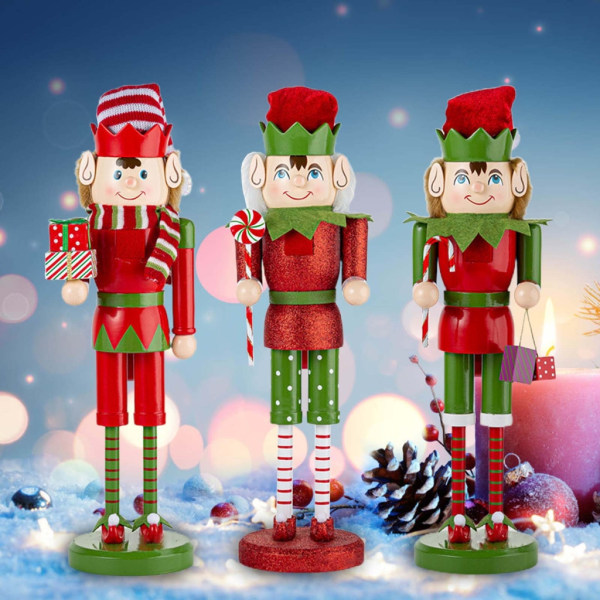 Christmas Elf Holiday Nötknäppare Trä Soldat King med godis Presentförpackning Docka Figurleksaksdekorationer för hyllor Bord Candy