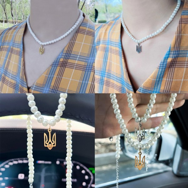 Nya imitationer sötvattenspärlor Ukrainas nationella emblem Halsband Metallemblem Hänge med runda pärlor Halsband för tjejer Gold
