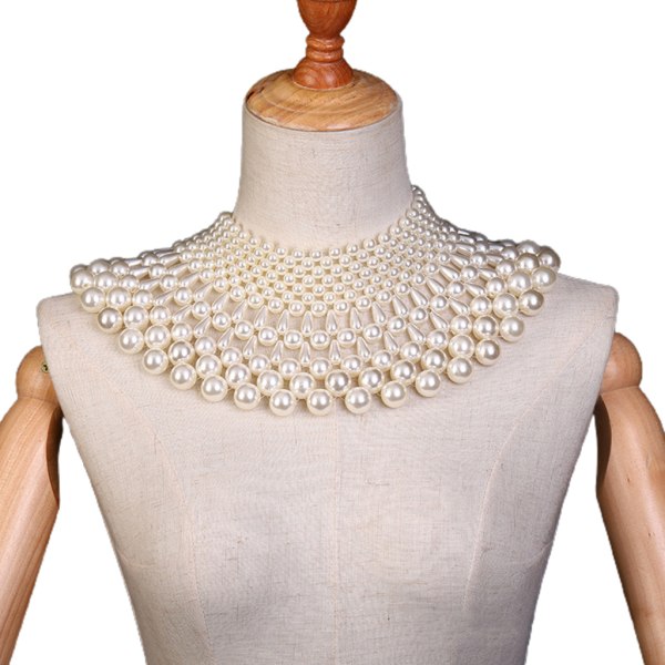 Bröllopsklänning Statement Halsband Fanshaped Pearl Beaded Bib Choker Collar Sjal