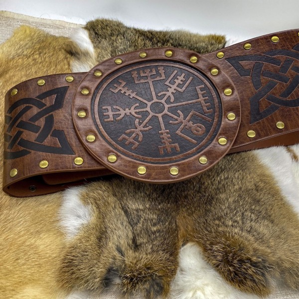 Vikingpräglat brett bälte Medeltida konstläderbälte Renaissance Riddarkorsetter Bälte Norse Cosplay Dräkt Pansarbälte Compass