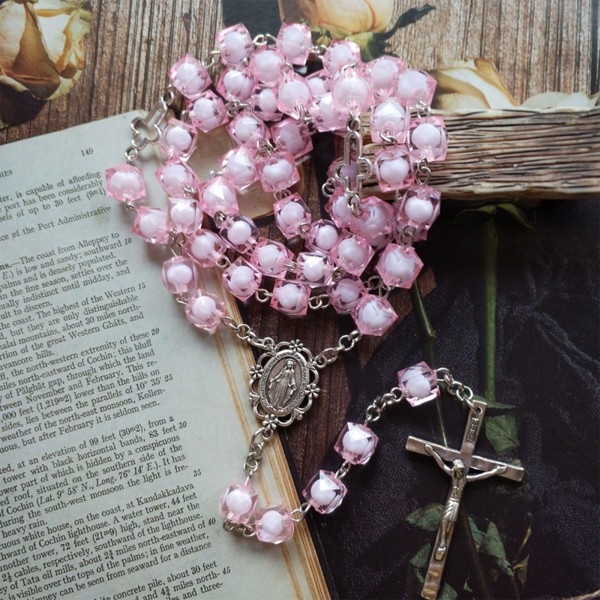 Rosa fyrkantig religion för kors Rosenkrans Halsband Hängande hänge för kvinnor Män Ber Meditation Presentmaterial