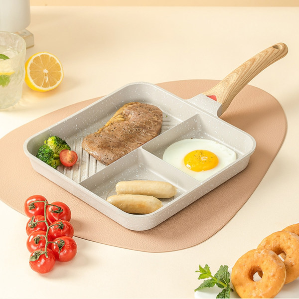 Mångsidig tredelad non-stick-panna för frukostbiff Multifunktionell biffkokare Stekpanna Köksredskap
