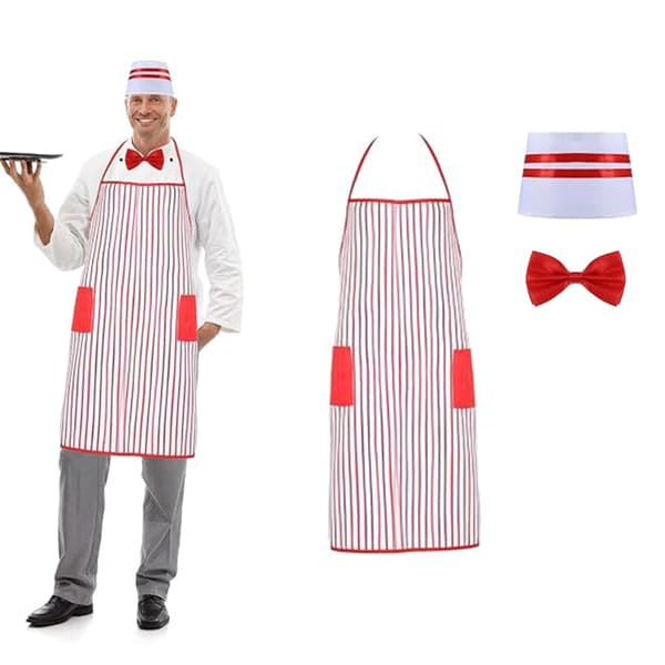 Servitørforkle med doble lommer, røde striper, design for Halloween-kostyme