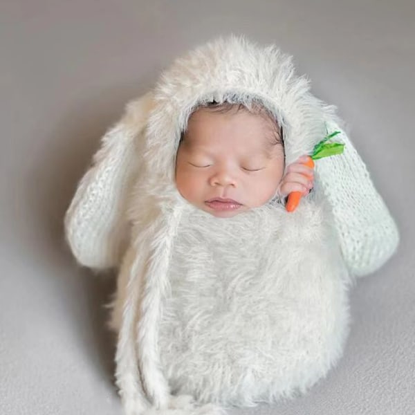 Nyfödd fotodräkt Kaninöronhatt & baby Fotofotografering Kläder Fotorekvisita Long Ear Hat & Wrap set