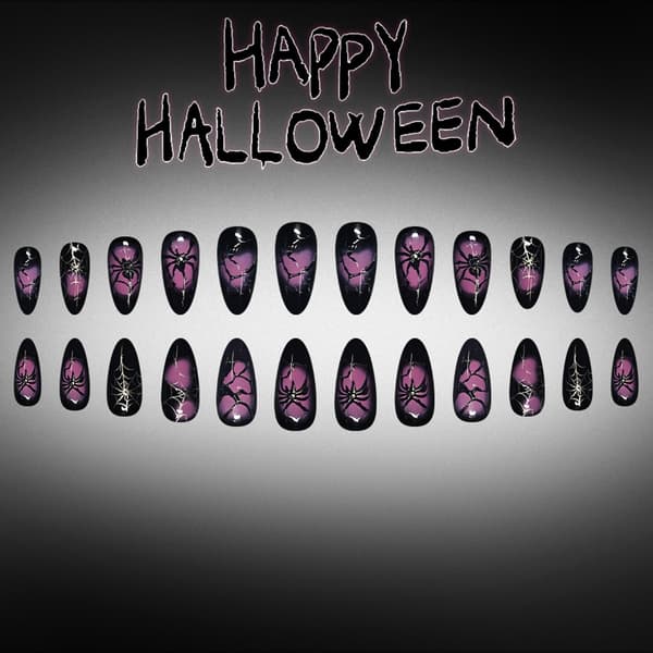 Lang Halloween Press On Manicure Sort Lilla Feststil Sæt