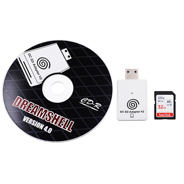 SD/TF Kortlæser, Adapter til Sega Dreamcast, Konsol til DC og CD med Dreamshell Oplader og 32gb SD Kort med Spil