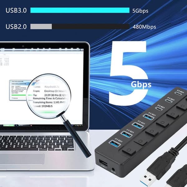 Snabb 5 Gbps USB C-adapter 7 Portar 4 USB3.0 3 Typ C med Strömbrytare