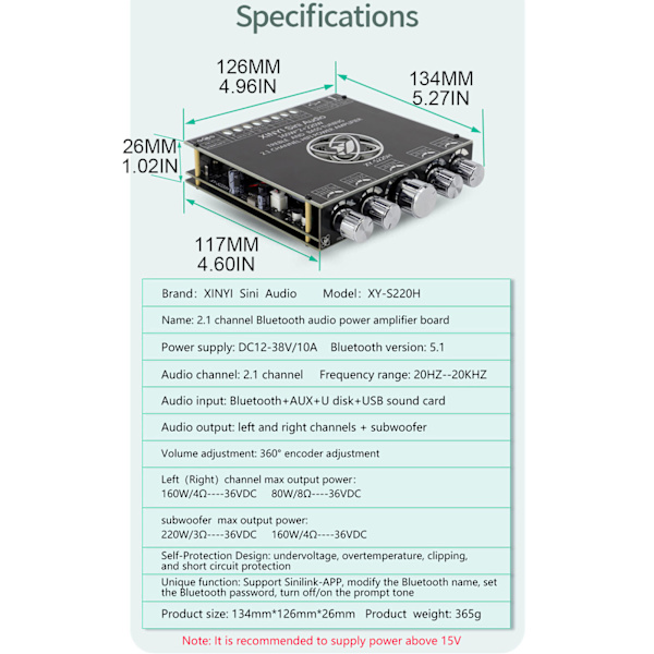2.1-kanals TDA7498 Bluetooth-kompatibelt power 160Wx2+220W power BT, AUX,U-diskingångar