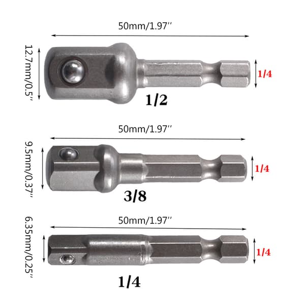 Praktisk 3x 1/4\" 3/8\" 1/2\" Slagfast Socket Adapter Hex Shank Adapter Stål