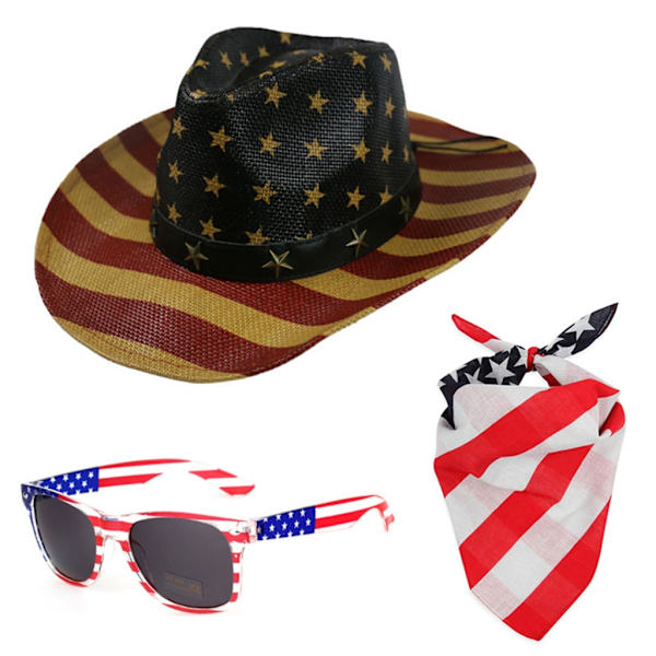 Vintage Cowboyhatter Bandana Solbriller Sett for Menn Kvinner Western Cowgirl Hatt Bursdagsfest Hatt Kostyme Tilbehør