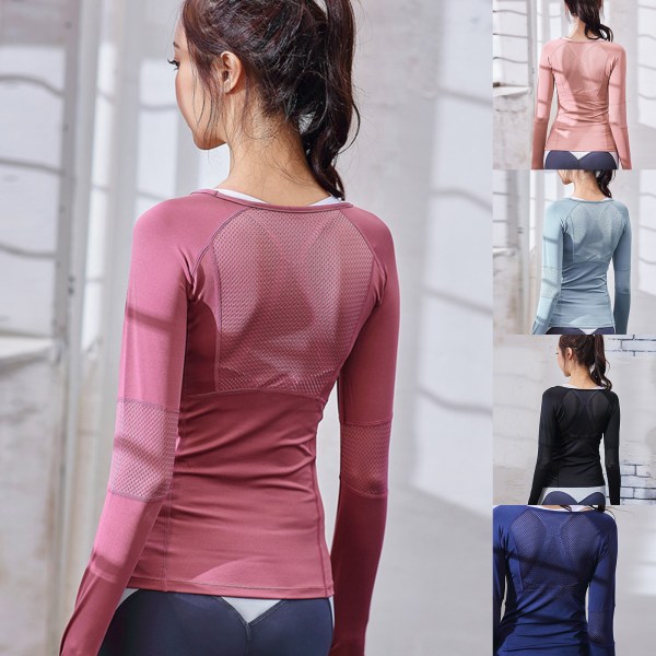 Långärmade sportlöpartröjor för kvinnor med tumhål Fitness T-shirt för träning Gym Träning Yoga Blue M