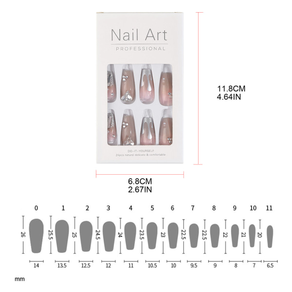 24 st Press on Nails Långa falska naglar Baletter Kista Akrylnaglar Krokigt hjärta Design Falska naglar för Rhinestone Fake