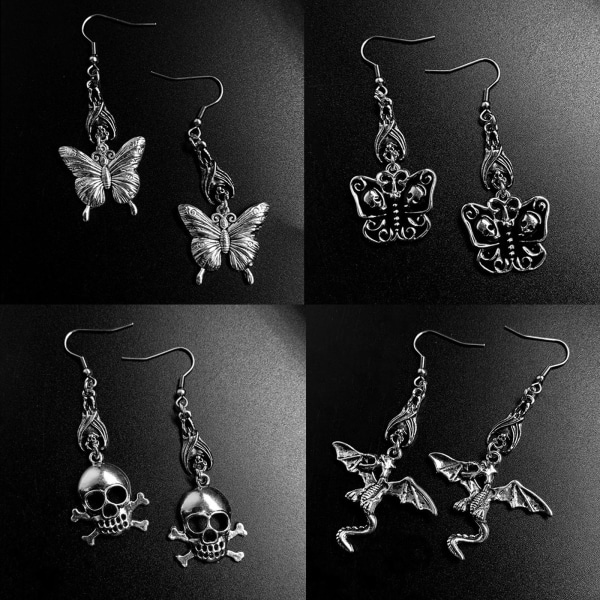 9x Goth Mysterious Drop Earring Smycken Rose Heart för Butterfly Bat Skull for Cross Hänge Charm Vintage Örhänge för W