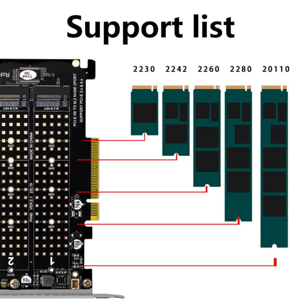 M.2 NVME til PCIExpress X8 2 Bay PCIE Split Kort til Omfattende PC-lagring