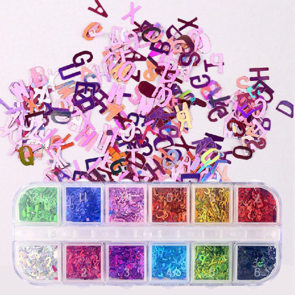 12 färger alfabetet holografisk laser 26 engelska bokstäver blandade chunky glitter för DIY Epoxy Resin Crafts Festival paljetter