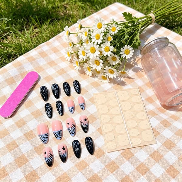 Genanvendeligt Manicuresæt Blå Sort Lang Mandel 24 Stk. Stil Look til DIY Styling