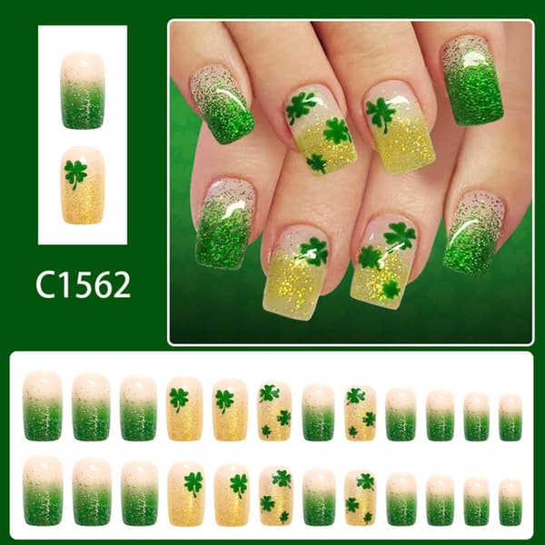 24 st gröna klövergradient glittrande press-on-naglar för St. Patrick's Day
