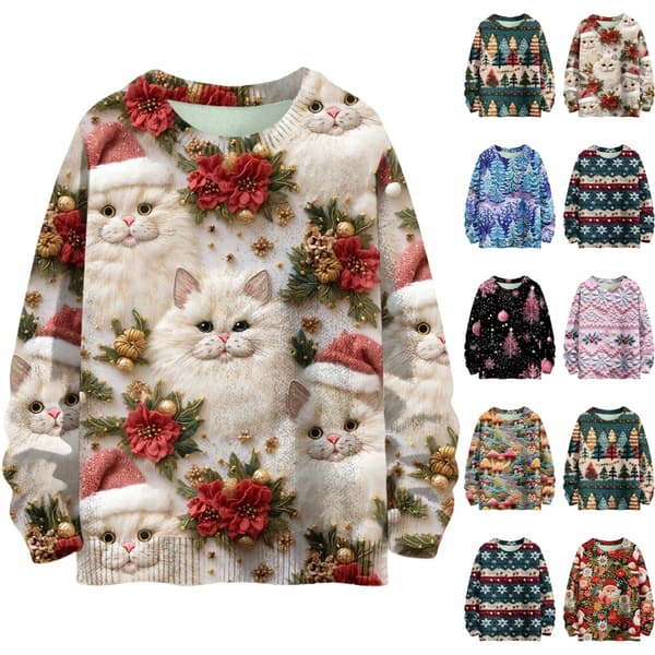 Langærmet julepullover til kvinder 3D Juleprintet Pullover Sweatshirt White M