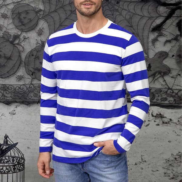 Stribet langærmet T-shirt med rund hals til mænd, basic afslappet top Blue M