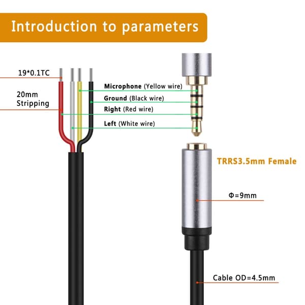 3,5 mm hunn lydplugg til blank ledningskabel TRRS-kabel erstatning