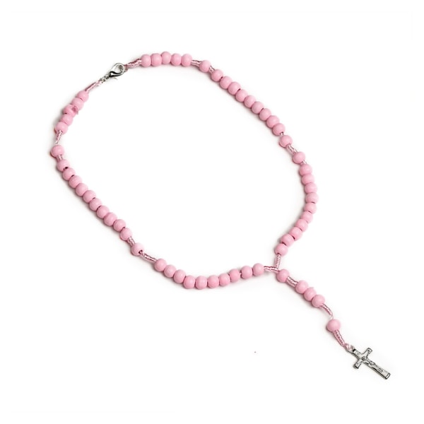 Katolska träpärlor Rosenkrans Halsband Kors Religiös Kedja Kyrka Souvenirer Bön Hängsmycke Smycken för kvinnor Flicka Present Pink