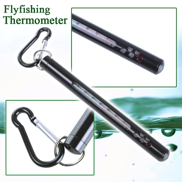 Flugfisketermometer med karbinhake Metall för skal Vattenströmstemperaturmätningsverktyg fiskeredskap Black