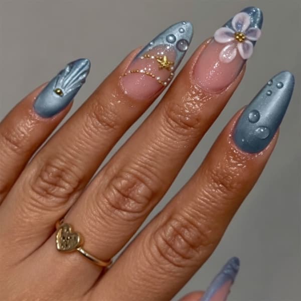 Multi Size Press On Manicure Mandelform med Blå Fransk Stil