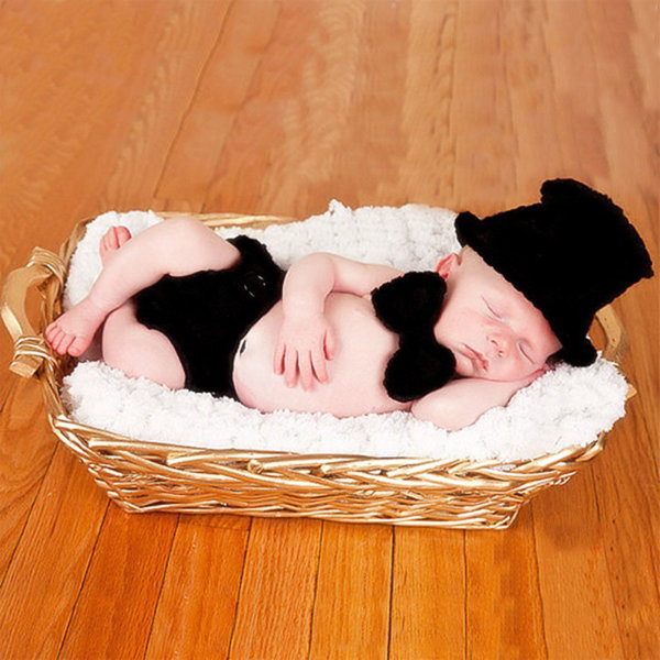3 st Nyfödd fotografi rekvisita Virkad stickad outfit Baby Hatt Rosett Scarf Set