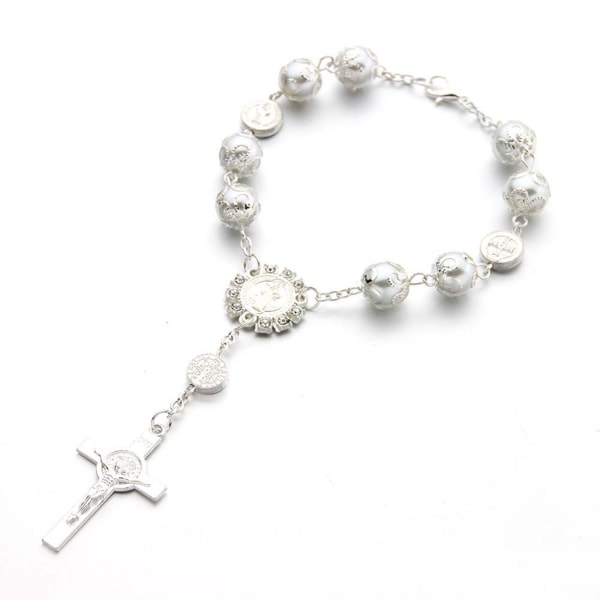 Catholic for Cross Finger Chain Mini Rosenkrans Finger Dop Radband Faux Pearls Armband for Dop Favors Dop White