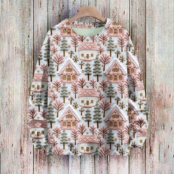 Langærmet julepullover til kvinder 3D-juleprintet pullover sweatshirt Light Pink XXL