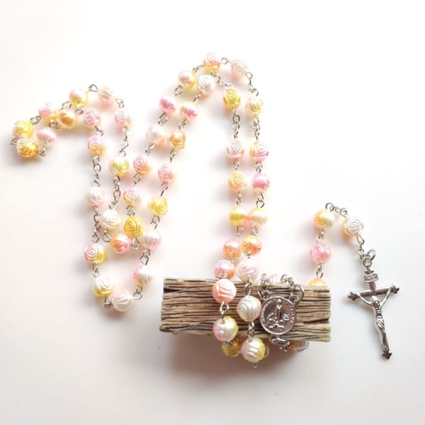 Kristen Rose Rosenkrans Halsband Katolskt Kors Religiösa Smycken Jesus Crucifix Hänge Kvinnor Bön Rosenkrans Halsband