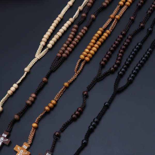Katolska träpärlor Rosenkranshalsband med Jesus avtryck för korsreligiösa smycken Souvenirpresent för unisex män kvinnor 03 black